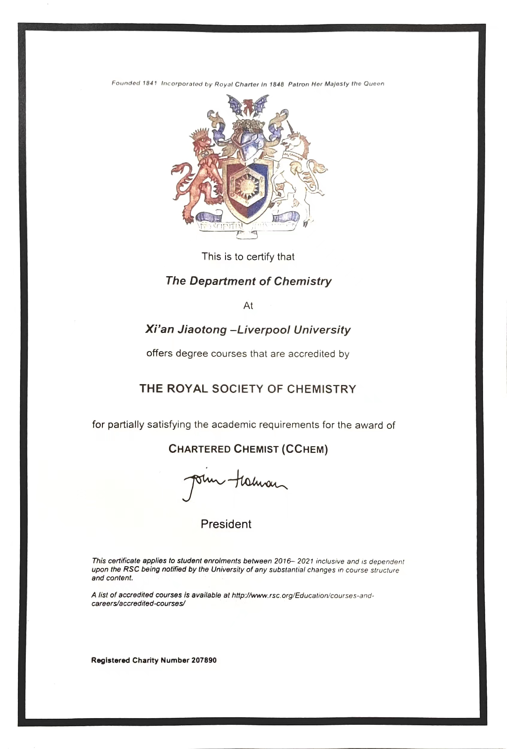 <p>Granted accreditation by the Royal Society of Chemistry</p>