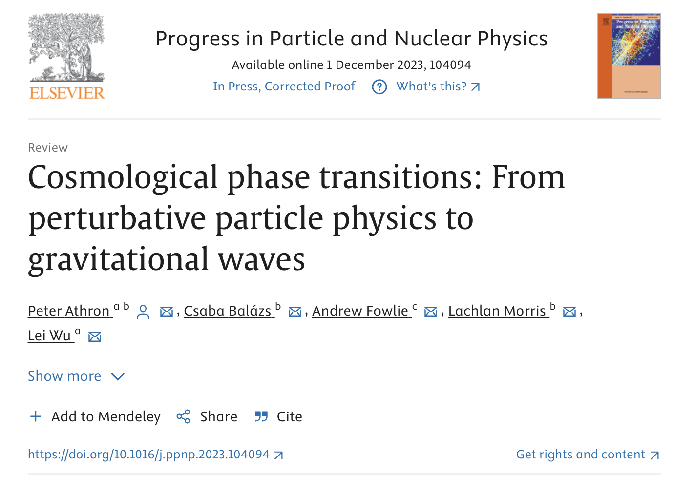 Dr Andrew Fowlie published a high-level review of first-order cosmological phase transitions and gravitational waves